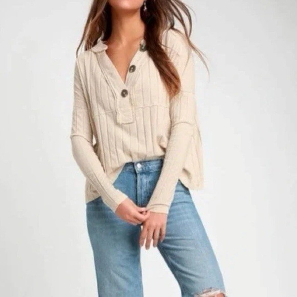 We the Free People Ribbed Long Sleeve Henley Top Cream Ivory XS Oversized